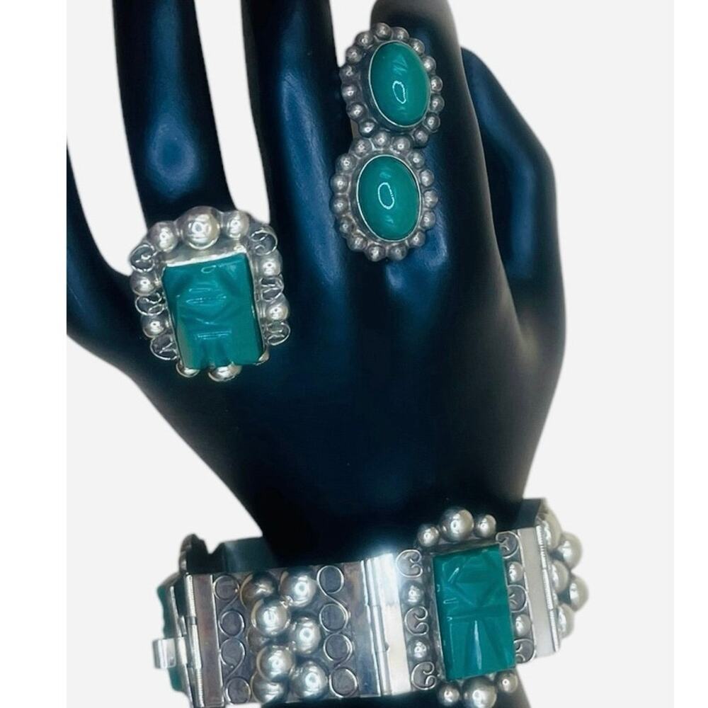 Vintage Jewelry Set Sterling Silver and Green Onyx Bracelet, Ring, and Earrings